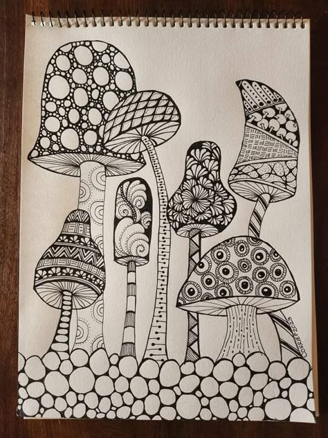 Mushroom Zentangle Doodles, Doodle Art Mushroom, Sharpie Drawings, Slow Art, Black Paper Drawing, Zentangle Artwork, Tangle Doodle, Pen Art Drawings, Zen Doodle Art