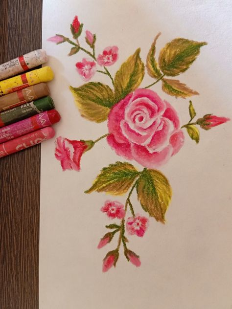 Rose Drawing With Oil Pastel, Rose Oil Pastel Drawing, Oil Pastel Roses, Beautiful Oil Pastel Drawings, Oil Pastel Flower Art, Rose Oil Pastel, Oil Pastel Art Flowers, Coloring Leaves, Oil Pastel Flowers