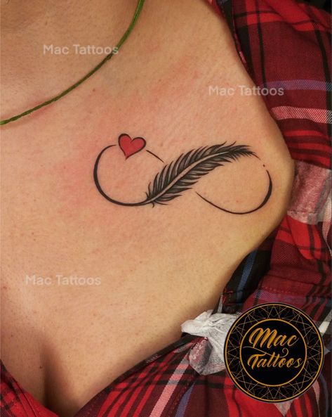 Infinity Tattoo On Chest, Feather Infinity Tattoo Design, Infinity Feather Tattoo Design, Infinity Feather Tattoo, Infinity Tattoo Ideas, Tattoos For Female, Infinity Tattoo With Feather, Indian Feather Tattoos, Infinity Symbol Tattoo