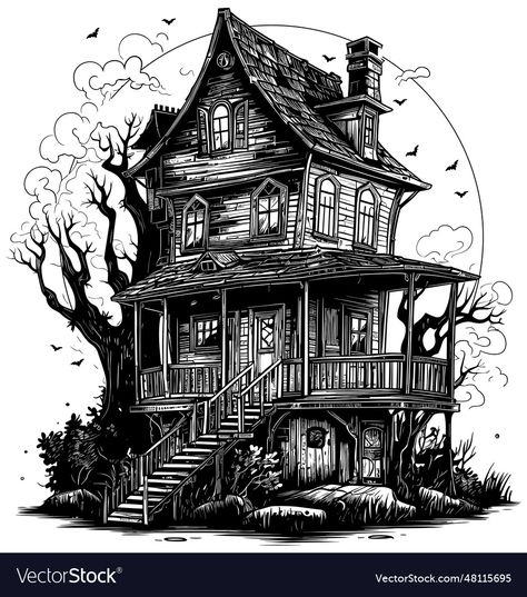 Creepy Haunted House, Draw Background, Spooky Island, Haunted House Drawing, House Doodle, Creepy Houses, House Illustration, House Portraits, House Vector