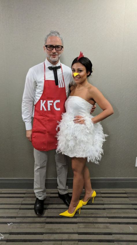 Couple costumes halloween Diy Costumes Couples Easy, Couple Dress Up Ideas Costumes, Chicken Couple Costume, Kfc And Chicken Halloween Costume, Onsie Party Ideas For Adults, Kfc And Chicken Costume, Halloween Costumes Easy Couples, Kfc Couples Costume, Colonel Sanders And Chicken Costume