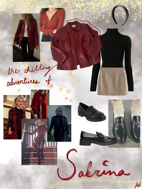 Halloween, costume moodboard, CAOS Chilling Adventures Of Sabrina Costume, Sabrina Spellman Aesthetic 90s, Sabrina The Witch Outfits, Sabrina Spellman Outfit Inspiration, Sabrina Spell Man Outfits, Sabrina The Teenage Witch Costume, Caos Outfits, Sabrina Spellman Costume, Chilling Adventures Of Sabrina Outfits