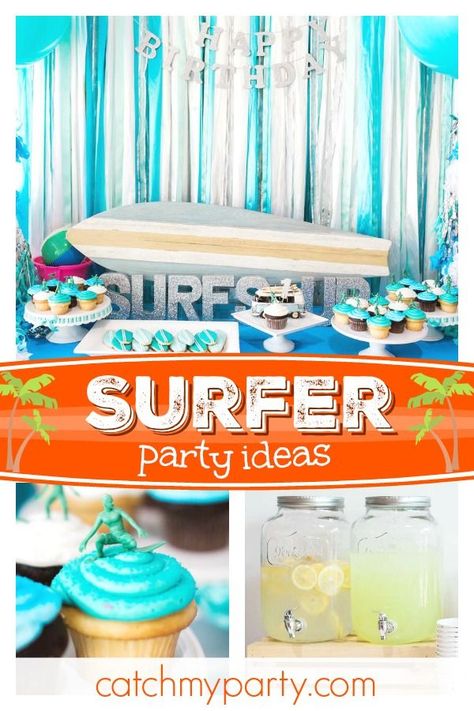 Check out this cool retro 60's Surfer themed birthday party! The surfer topped cupcakes are awesome!! See more party ideas and share yours at CatchMyParty.com #catchmyparty #retro60sparty #surferbirthdayparty #surf #boybirthdayparty Surfer Birthday Party, Surfer Party, Surf Birthday Party, Hot Chocolate Party, Surf Birthday, Surf Party, Penguin Party, Surfer Boy, Party Hardy