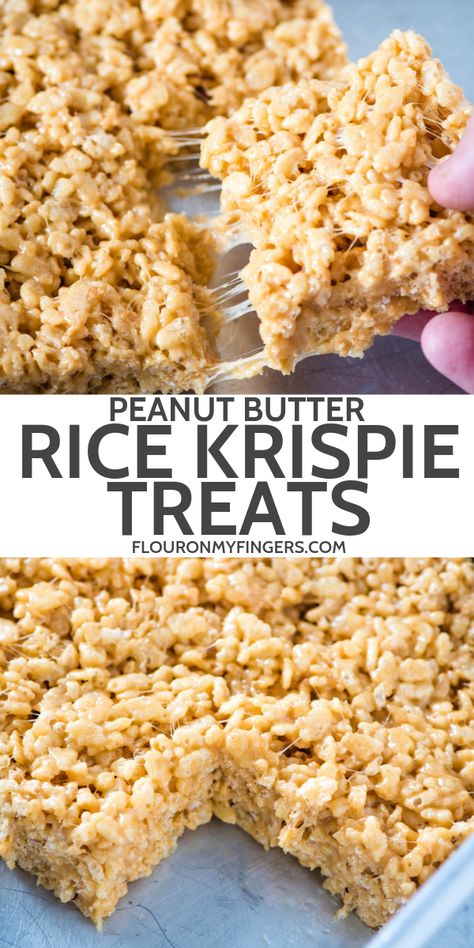 How to make the best no bake peanut butter Rice Krispie treats. They're soft and chewy, gooey with marshmallows, and such an easy recipe to make with kids. #flouronmyfingers #RiceKrispietreats #peanutbutter #easyrecipes #dessertrecipes Homemade Peanut Butter Rice Krispies Treats, Peanut Butter Krispy Treats, Peanut Butter Marshmallow Squares Rice Krispies, Rice Krispie Recipes Peanut Butter, No Butter Rice Krispie Treats, Rice Krispies With Big Marshmallows, Pb Rice Crispy Treats, Rice Krispie And Peanut Butter Treats, Rice Krispy Treats With Peanut Butter