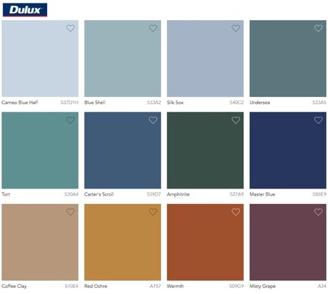 Dulux Paint Color Trend 2020 Comeback - Interiors By Color. Dulux Cameo Blue Half, Dulux Blue Shell, Dulux Silk Sox, Dulux Undersea, Dulux Tort, Dulux Carter's Scroll, Dulux Amphitrite, Dulux Master Blue, Dulux Coffee Clay, Dulux Red Ochre, Dulux Warmth, Dulux Misty Grape Dulux Paint Colours, Paint Trends, Dulux Paint, Trending Paint Colors, Paint Color Schemes, Color Trends Fashion, Grey Exterior, Interior Paint Colors, Paint Colors For Home