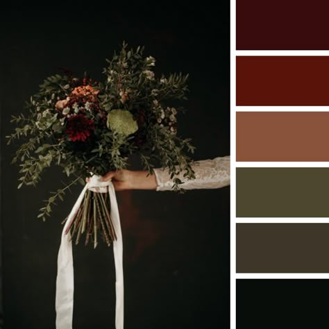 Spooky Wedding Colors, Moody Wedding Colors Palette, Moody Romantic Wedding Palette, Moody Wedding Colour Palettes, Gothic Fall Wedding Colors, Dark Rustic Wedding Color Schemes, Romantic Wedding Colors Fall, Dark Toned Wedding, Darker Wedding Colors