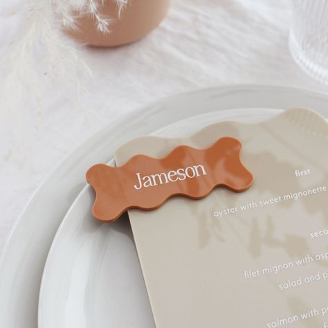 These wavy acrylic place cards feature engraved names and come in various colors. Shop Aislinn Minardi's entire collection on Minted's Wedding Marketplace. Place Cards Acrylic, Mirror Wedding Signs, Acrylic Place Cards, Tissue Paper Garlands, Name Place Cards, Wavy Design, Vintage Inspired Decor, Wedding Place Settings, Mint Wedding