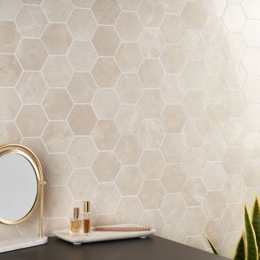 Natural Stone Tiles & Mosaics for Backsplash, Floor & Walls | TileBar.com Beige Mosaic Tiles Bathroom, Tan Hexagon Tile Bathroom, Sand Colored Bathroom Ideas, Beige Hexagon Tile Bathroom, Cream Hexagon Tile Bathroom, Beige Tile Backsplash, Crema Marfil Bathroom, Beige Shower Tile Ideas, Beige Tile Bathroom Ideas