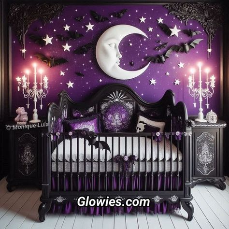 Black And Purple Nursery, Gothic Changing Table, Pagan Nursery Ideas, Pagan Nursery, Spooky Baby Nursery, Whimsigoth Nursery, Witchy Nursery Ideas, Nursery Ideas Purple, Nbc Nursery