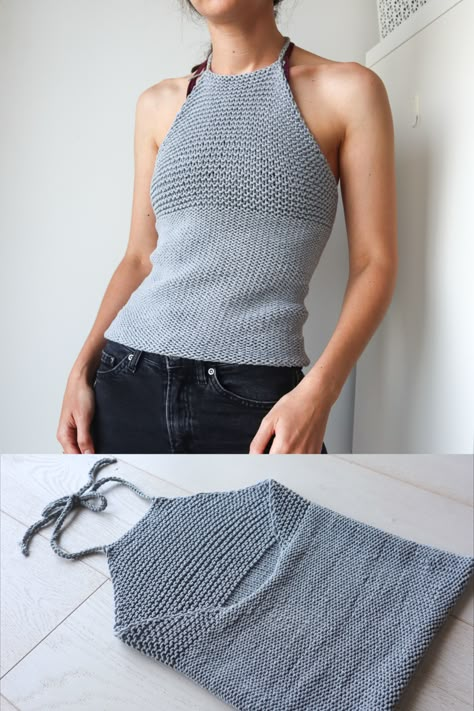 Knitting Top Patterns Free, How To Knit A Top For Beginners, Top Knitting Pattern Free, Knitting Patterns Summer, Knitted Halter Top, Easy Tank Top Knitting Pattern Free, Easy Knit Top, Knit Shirts, Knitted Halter Top Pattern Free