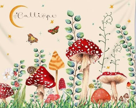 Mushroom Nursery Mural, Woodland Nursery Mushrooms, Meadow Themed Bedroom, Eclectic Nursery Ideas, Mushroom Nursery Decor, Mushroom Themed Nursery, Mushroom Themed Room, Mushroom Mural, Enchanted Forest Room