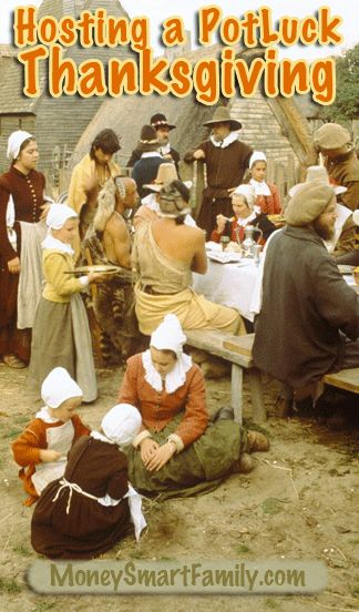 Pilgrims sitting outside around a banquet table for Thanksgiving dinner. Potluck Thanksgiving, Pilgrims And Indians, The First Thanksgiving, Thanksgiving Potluck, Money Smart, Thanksgiving Pilgrims, Thrifty Living, Money Saving Meals, First Thanksgiving