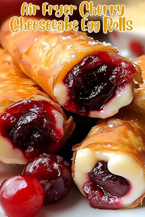 Indulge in these irresistible Air Fryer Cherry Cheesecake Egg Rolls! With a crispy, golden-brown shell and a luscious filling of creamy cheesecake and sweet cherry pie, these dessert rolls are the perfect blend of texture and flavor. Quick and easy to make in the air fryer, they’re ideal for a crowd-pleasing treat or a special snack. Dust with powdered sugar and serve with extra cherry filling for an extra touch of sweetness. Perfect for parties, holidays, or whenever you're craving something delicious! Crispy Cherry Cheesecake Egg Rolls, Cherry Cheesecake Egg Roll Recipe, Air Fryer Thanksgiving Desserts, Air Fryer Cheesecake Egg Rolls, Air Fryer Dessert Egg Rolls Recipe, Eggroll Dessert Recipes, Air Fry Dessert Recipes, Air Fryer Cherry Cheesecake Egg Rolls, Cherry Pie Egg Rolls