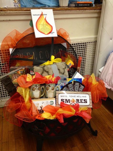 Fire pit auction basket Fire Pit Gift Basket, Silent Auction Gift Basket Ideas, Silent Auction Basket, Auction Gift Basket Ideas, Chinese Auction, Fundraiser Baskets, Theme Baskets, Silent Auction Baskets, Auction Basket