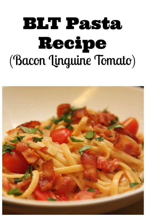 BLT Pasta (Bacon Linguine Tomato Pasta Recipe) Delicious, all in one pot dinner and ready in under 30 minutes! #pastarecipes #BLT Bacon Tomato Spaghetti, Bacon Sun Dried Tomato Pasta, Creamy Tomato Bacon Pasta, Bacon Lettuce Tomato Pasta Salad, Bacon Tomato Linguine, Lemon Pepper Chicken Pasta, Bacon Tomato Pasta, Pasta Bacon, Pasta With Bacon