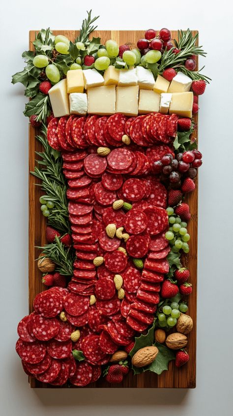 Realistic photo of a Christmas charcuterie board with food arranged in the shape of a Christmas stocking on a rectangular board. The body of the stocking is filled with red foods like sliced pepperoni and strawberries, while a row of white cheese cubes forms the cuff at the top. Small green accents, such as rosemary sprigs and green grapes, decorate the edges, with scattered festive treats like dried cranberries, nuts, and red and green candies around the stocking shape for a holiday touch. Chartreuse Board, Board With Food, Christmas Dessert Platter, Red Foods, Christmas Meat, Christmas Cheese Boards, Christmas Charcuterie Board, Christmas Potluck, Charcuterie Board Meats