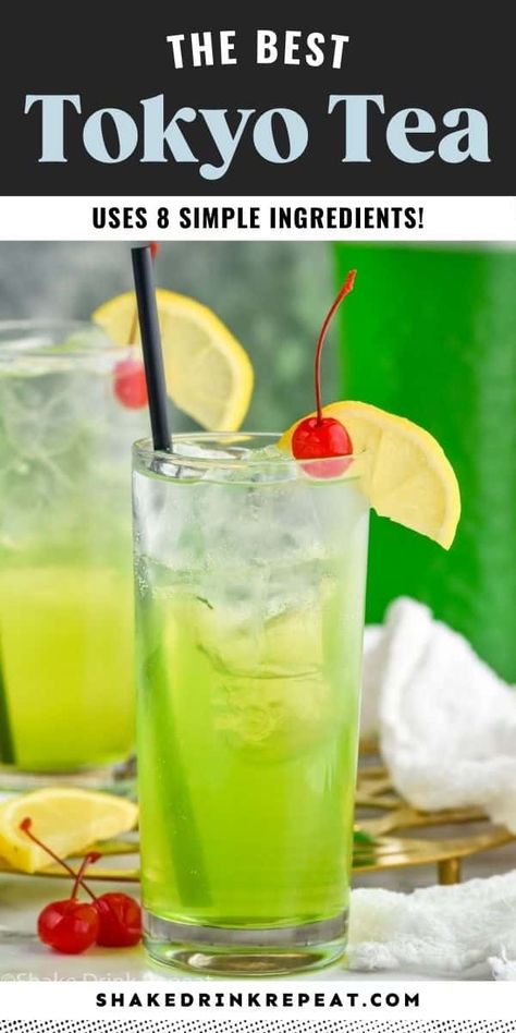 This vibrant, refreshing Tokyo Tea is a fun variation of the classic Long Island Iced Tea, featuring a blend of five different spirits, melon liqueur, and a splash of soda. With its bright green hue and tantalizing mix of flavors, this cocktail packs a punch! Tokyo Iced Tea Cocktail, Peach Long Island Iced Tea Recipe, Tokyo Tea Cocktail Recipe, Midori Cocktails, Long Island Iced Tea Recipe, Long Island Tea, Tokyo Tea, Shake Drink, Tea Cocktail Recipes