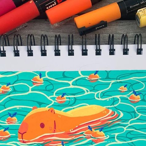 Viktoria on Instagram: "Capybara spa day 🍊 Really cannot recommend drawing water and reflections, it took forever and confused me all the time BUT I do think the result is neato! Hope your day is as chill ad the one this capy has! . (Unpaid ad) Stillmann & Birns Zeta sketchbook, Posca acrylic pens . #posca #poscapens #animalartist #acrylicmarkers #illustration #sketchbook #capybara #kawaiiart #animalillustration" Easy Capybara Painting, Posca Water, Capybara Art Illustrations, Capybara In Water, Capybara In Water Drawing, Capybara Skateboard, Frog Art, Pen Art, Kawaii Art