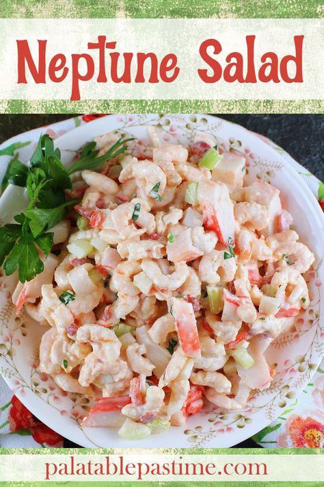 Neptune salad is a retro salad composed of various seafood, such as small shrimp, crab, or imitation crab in a mayonnaise based dressing. via @suelau1 Neptune Salad Recipe, Meaty Salads, Neptune Salad, Small Shrimp, Sea Food Salad Recipes, Ham Salad, Cold Salad, Best Salad Recipes, Crab Salad