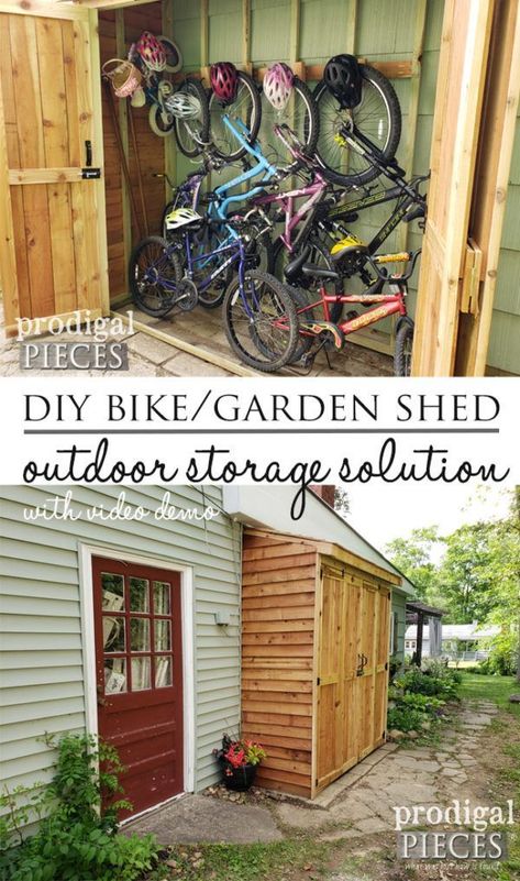 How To Store Bikes Outside, Outdoor Bicycle Storage Ideas, Bicycle Shed Diy, Pallet Bike Shed Diy, Outside Bike Storage Ideas, Storage Shed For Bikes, Side House Bike Storage, Carport Bike Storage, Front Yard Storage Ideas