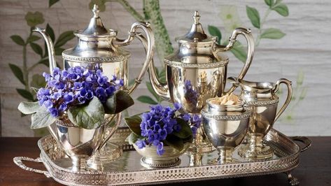 Silver Tea Set Display, Tea Set Display, Cleaning Tarnished Silver, Silver Tea Service, Silver Display, Georg Jensen Silver, Silver Tea Set, Semi Homemade, Silver Teapot