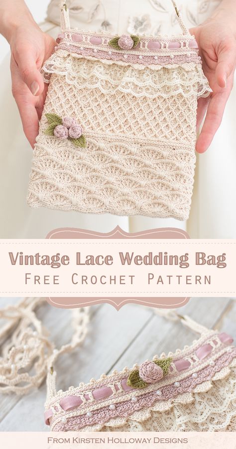 Crochet Vintage Wedding Bag | {Free Pattern Tutorial} | Kirsten Holloway Designs - Kirsten Holloway Designs Kirsten Holloway Designs, Cottage Core Crochet Patterns Free, Crochet Pattern Free Bag, Vintage Crochet Bag, Vintage Crochet Bags, Crochet Patterns Tutorial, Vintage Crochet Patterns Free, Crochet Accessories Pattern, Crochet Patterns Bag