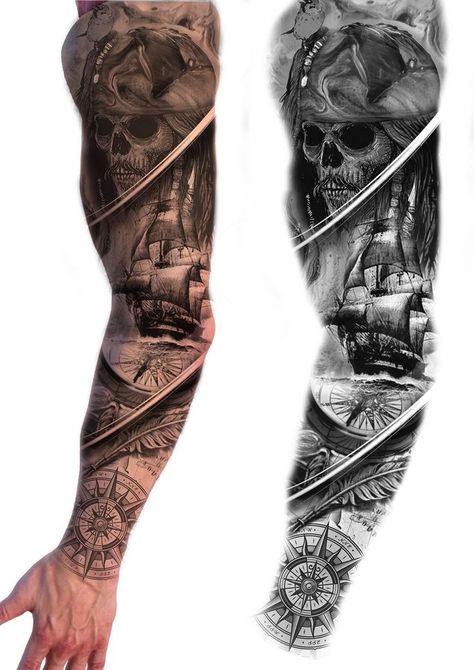 Pirate Tattoo Leg, Pirate Tattoo Sleeve, Tattoos For Siblings, Nautical Sleeve, Matching Tattoos For Siblings, Nautical Tattoo Sleeve, Viking Warrior Tattoos, Egyptian Tattoo Sleeve, Skull Hand Tattoo