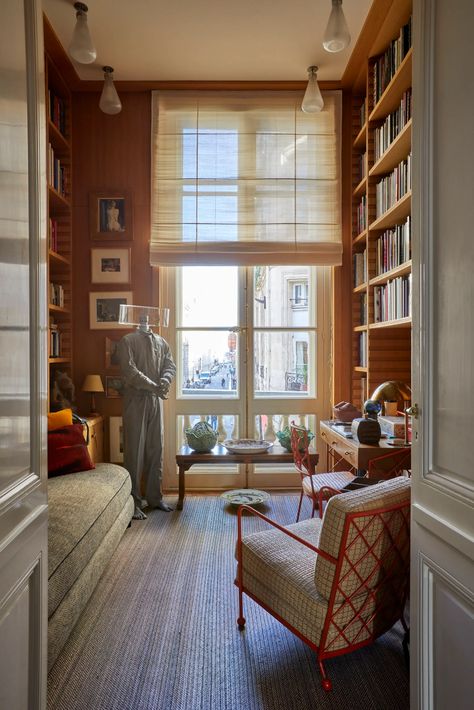 The renovation of Jacques Grange's Parisian apartment in the Palais Royal | House & Garden Jacques Grange Paris Apartment, Parisian Library, Apartment Bookshelves, Red Console Table, Small Bedroom Office, Parisian Living Room, French Bed, Parisian Apartment, Paris Apartments