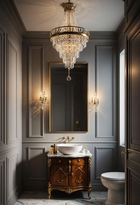 15 Genius Half Bathroom Decor Ideas 18 Small Bathroom Panelling Ideas, Half Bath With Wainscoting, Bathroom Chair Rail Ideas, Traditional Half Bathroom Ideas, Black Half Bathroom, Traditional Powder Room Ideas, Small Powder Bathroom Ideas, Half Bathroom Decor Ideas, Vintage Powder Room