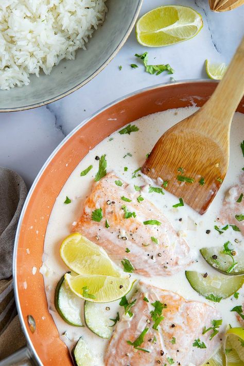 Saucy Salmon And Shrimp In Coconut Milk, Salmon With Coconut Milk, Salmon In Coconut Milk, Basic Salmon Recipe, Salmon Coconut Milk, Coconut Milk Salmon, Coconut Salmon, Salmon Coconut, Shrimp Coconut Milk