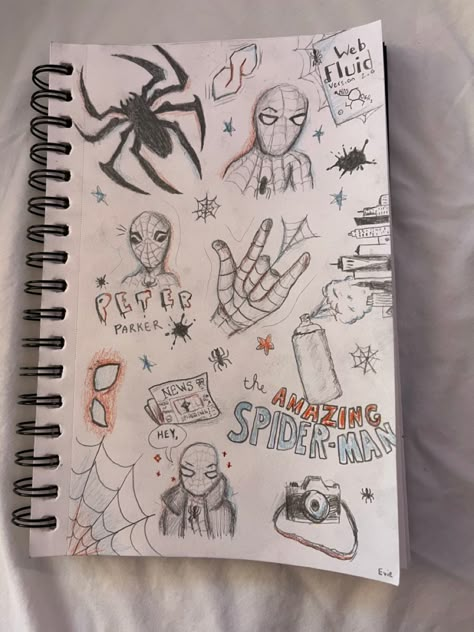 Cute Easy Spiderman Drawings, Spider Man Art Drawing Easy, Drawing Ideas Easy Doodles Spiderman, Spiderman Collage Drawing, Spiderman Page Sketchbook, Spider Man Doodles Aesthetic, Spiderman Drawing Sketches Pencil, Mini Spiderman Drawing, Spiderman Easy Sketch