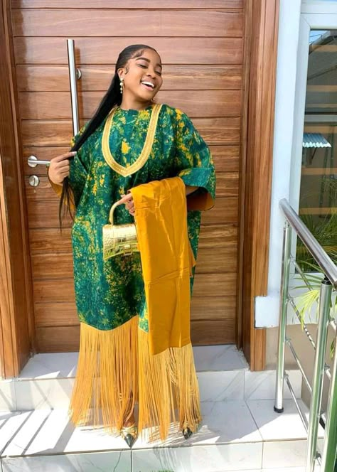 Bubu With Fringe, Tye And Dye Dress, Adire Kaftan Styles, Bubu Dresses, African Kaftan Dress, Fringe Gown, Gown Ankara, Bubu Gown, African Kaftan