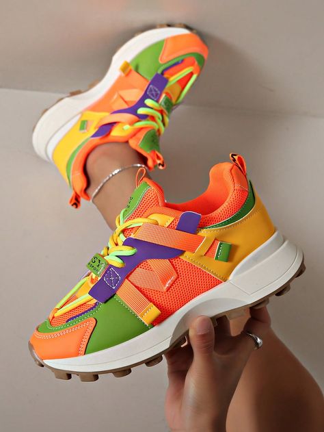 Multicolor Sporty Collar   Colorblock Chunky Sneakers Embellished   Women Shoes Colorful Sneakers Women, Orange Nike Shoes, Bright Sneakers, Women Sports Shoes, Shoes For Spring, Casual Athletic Shoes, Colorful Sneakers, Orange Sneakers, Sporty Sneakers