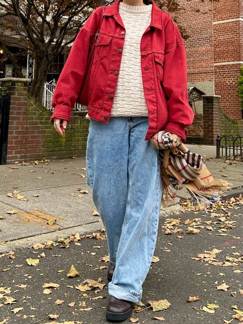 baggy jeans, cream pullover sweater, red denim jacket, brown square-toe chunky boots Vintage Red Jacket Outfit, Red Jean Jacket Outfit, Red Corduroy Jacket Outfit, Red Denim Jacket Outfit, Red And Brown Outfit, Red Jean Jacket, Red Jacket Outfit, Red Corduroy Jacket, Target Fashion