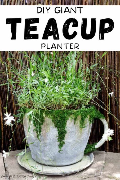 Make a statement in the garden with this DIY Oversized Teacup and Saucer Planter. You can also use it as a prop at your next Alice in Wonderland tea party. #TeacupPlanter #GiantTeaCup #ACraftyMix #DIYPlanter Plant Swap, Tea Cup Planter, Wonderland Halloween, Storybook Gardens, Alice In Wonderland Garden, Wonderland Garden, Birthday Extravaganza, Bike Decorations, Yard Inspiration