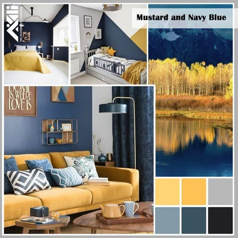 Gray Blue Yellow Bedroom, Navy And Mustard Living Room Ideas, Navy And Yellow Living Room Ideas, Grey Blue Mustard Color Palette, Mustard Blue And Grey Living Room, Navy Blue Mustard Yellow Bedroom, Yellow Blue Interior Design, Navy And Mustard Bedroom Ideas, Dark Blue And Yellow Colour Palette