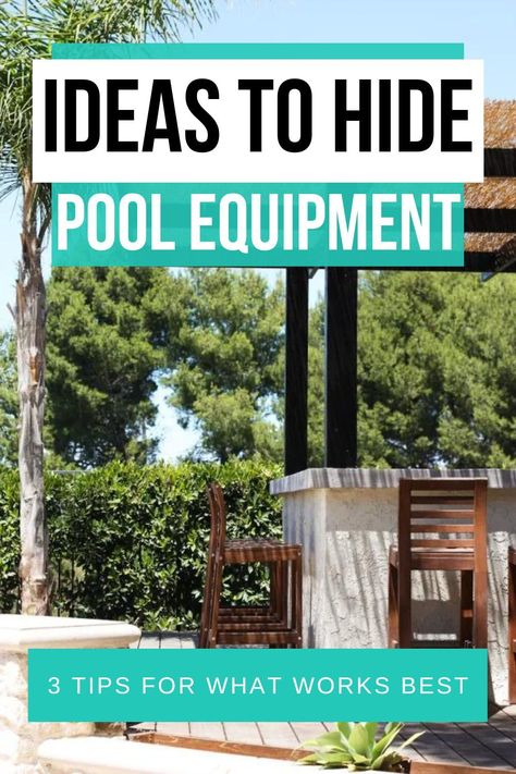 Wondering how to hide pool equipment with landscape plants? We're sharing our genius ideas for hiding pool equipment & tricks we learned! How To Cover Pool Equipment, Hidden Pool Pump, Hidden Pool Equipment, Swimming Pool Equipment Enclosure, Fence For Pool Equipment, Pool Hose Storage Ideas, How To Hide A Pool Pump Ideas, Disguise Pool Equipment, Storing Pool Equipment