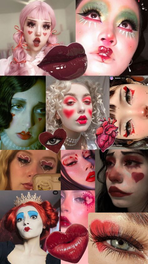 Heart makeup looks Makeup For Queen Of Hearts, Eye Heart Makeup, Chappell Roan Heart Makeup, Queen Of Hearts Simple Makeup, Cute Queen Of Hearts Makeup, Queen Hearts Makeup, Red Heart Makeup Look, Cupid Makeup Looks Halloween, Love Clown Makeup