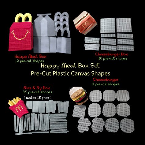 Free Plastic Canvas Patterns To Download, Plastic Canvas Shapes, Fries Cheese, Happy Meal Box, Plastic Canvas Box Patterns, Fry Box, Food Junk, Canvas Ornaments, Meal Box