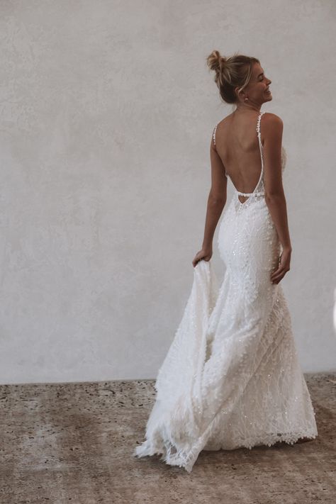 Crepe Fitted Wedding Dress, Made With Love Harlow, Made With Love Bridal, Wedding Dress Low Back, Spaghetti Strap Wedding Dress, Open Back Wedding Dress, Wedding Dresses With Straps, Fit And Flare Wedding Dress, Back Wedding Dress