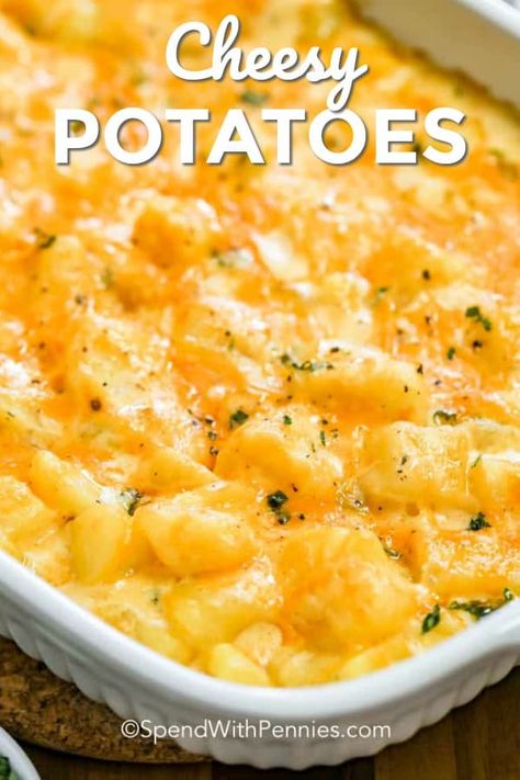 This easy cheesy potato casserole is great to prep and make ahead. Then just toss in the oven to bake until browned! You can also easily freeze this recipe for a quick meal or perfectly portioned leftovers! #spendwithpennies #cheesypotatoes #sidedish #ovenbaked #casserole #makeahead #freezerfriendly Easy Potato Casserole, Potato Casserole Recipes, Cheesy Potato Bake, Cheesy Potatoes Recipe, Perfect Baked Potato, Cheesy Potato Casserole, Baked Potato Casserole, Cheesy Potato, Potatoe Casserole Recipes