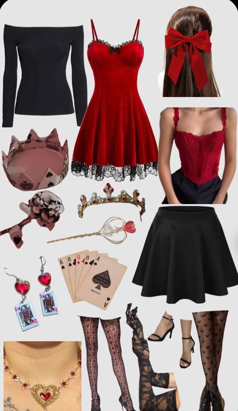 Queen If Hearts Costume Diy, Queen Of Hearts Costume Accessories, Halloween Costumes Queen Of Hearts Diy, Red Halloween Dress, Easy Diy Queen Of Hearts Costume, Queen Of Hearts Horror, Red Queen Outfit Ideas, Queen Of Hearts Inspo Outfit, Queen Of Hearts Costume Ideas Diy