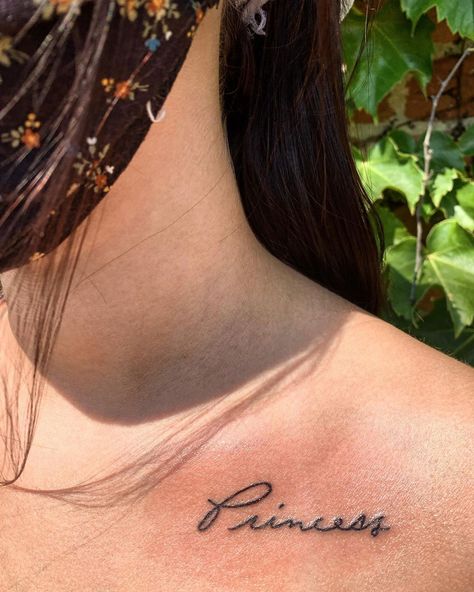 Princess Tattoo Writing Ideas, Princess Font Tattoo, Princesa Tattoo Word, Princess Writing Tattoo, Princess Neck Tattoo, Word Princess Tattoo, Princess Script Tattoo, Small Princess Tattoo, Princess Tattoo Ideas Words