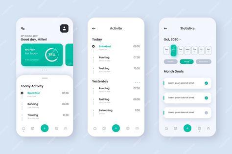 Free Vector | Goals and habits tracking app screens Habit App Design, Habit Tracking App, Minimal App Design, To Do List App, Time Tracking App, Goal App, Habit App, Goals And Habits, Web App Ui Design