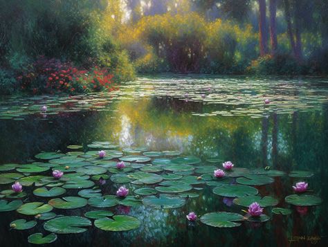 Pond Background Art, Pond Reference Photo, Painting Pond Water, Pond Landscape Painting, How To Draw A Pond, Pond Reference, Water Lilies Photography, Lily Pad Lake, Lilypad Pond