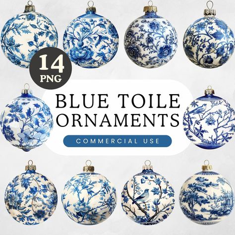 Bring the charm of the holidays to your creative projects with our Christmas Toile Ornaments Clipart. This beautiful collection features blue and white chinoiserie baubles that capture the essence of winter celebrations. Perfect for those who love vintage Christmas styles, these watercolor clipart pieces showcase the elegant toile de jouy pattern, making them an excellent addition to your festive designs.  Whether you're looking to create memorable holiday cards, scrapbook pages, or DIY decorati Delft Christmas Ornaments, Toile Ornaments, Blue And White Christmas Ornaments, Christmas Toile, Christmas Styles, Chinoiserie Christmas, Chinoiserie Blue, Toile Pattern, Porcelain Planter