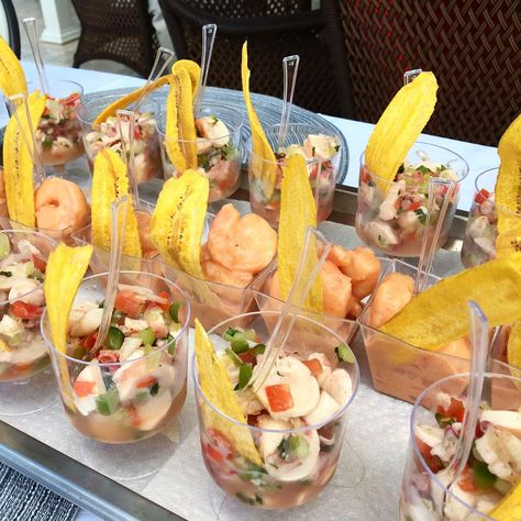 Octopus ceviche, shrimp cocktail Shrimp And Cocktail Sauce Display, Ceviche Cups Appetizers, Mini Ceviche Cups, Octopus Ceviche, Ceviche Bar, Ceviche Shrimp, Pool Party Food, Plantain Recipes, Cocktail Party Food