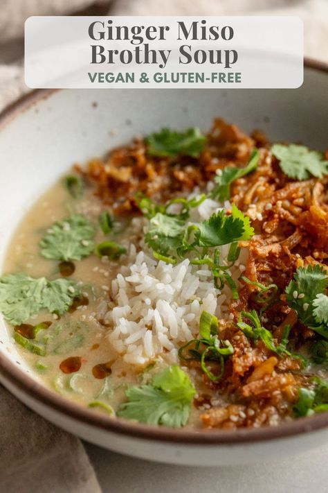 This Ginger Miso Brothy Soup uses a comforting and gut-friendly broth served with rice and crispy sesame tofu. Easy to make and satisfying! Brothy Soup, Miso Recipe, Ginger Miso, Sesame Tofu, Vegan Soups, Healthy Meals For Two, Vegan Soup, Tofu Recipes, Asian Cooking