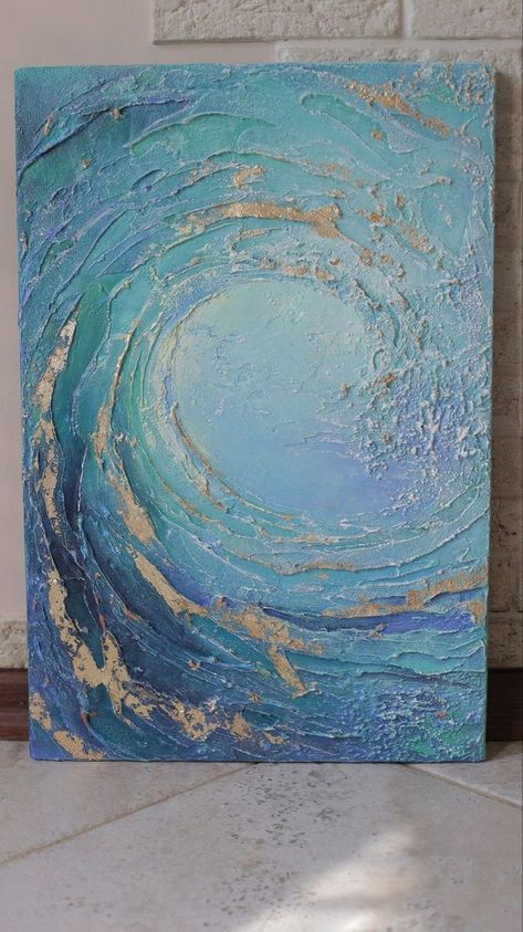 Gold Art Painting, Soyut Sanat Tabloları, Wave Painting, Gold Leaf Painting, Textured Canvas Art, Plaster Art, Wave Art, Diy Canvas Art Painting, Beginner Painting