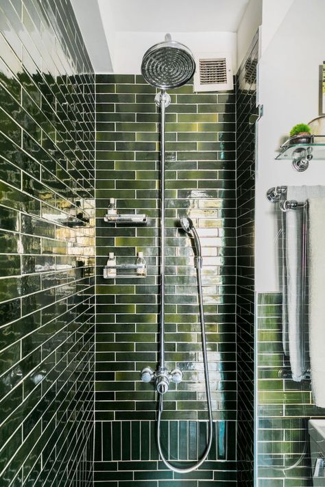 Ann Sacks Tile Bathroom, Shower Hardware, Shower Baskets, Green Subway Tile, Tiled Bathroom, Green Tile Bathroom, Green Tiles, Open Showers, Ann Sacks